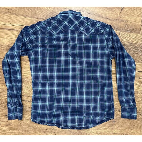 Wrangler Pearl Snap Shirt Mens M Blue Plaid Western Cowboy Sawtooth Pockets Yoke - Picture 10 of 10